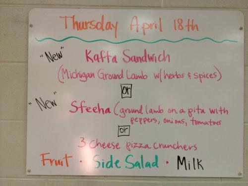 East Kentwood High School’s menu featuring Michigan ground lamb dishes. Photo by Stephanie Marino.